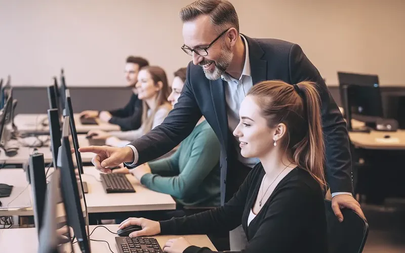 Ein Trainer, die einer Schülerin an einem Computer in einem Schulungsraum hilft, während andere Schüler im Hintergrund an ihren Computern lernen.