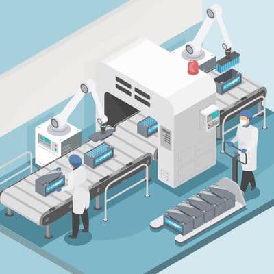 Produktionsstraße, die als Digital Twin visualisiert wird Isometrische Illustration einer Fabrikszene mit Arbeitern, die Förderbänder und Maschinen bedienen, mit Roboterarmen und Schalttafeln.