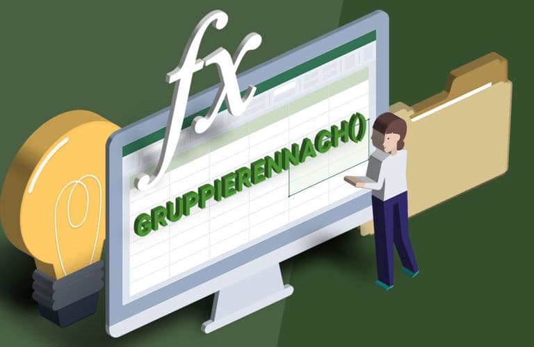 GRUPPIERENNACH Funktion in Excel Headerbild Illustration einer Person, die mit einem Computer interagiert, der eine Tabellenkalkulation anzeigt. Auf dem Bildschirm ist „GRUPPIERENNACHO“ zu sehen, daneben ein Ordner und eine Glühbirne.
