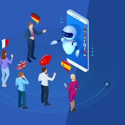 Azure KI Übersetzer - Anwendungen mit AI-basierter Übersetzung entwickeln Menschen, die mit einem Roboter auf einem Smartphone-Bildschirm interagieren, umgeben von Flaggen Frankreichs, Deutschlands, Großbritanniens, Chinas und Spaniens, die die Sprachübersetzung symbolisieren.