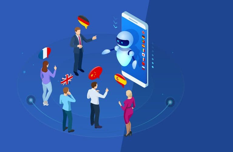 Azure KI Übersetzer - Anwendungen mit AI-basierter Übersetzung entwickeln Menschen, die mit einem Roboter auf einem Smartphone-Bildschirm interagieren, umgeben von Flaggen Frankreichs, Deutschlands, Großbritanniens, Chinas und Spaniens, die die Sprachübersetzung symbolisieren.