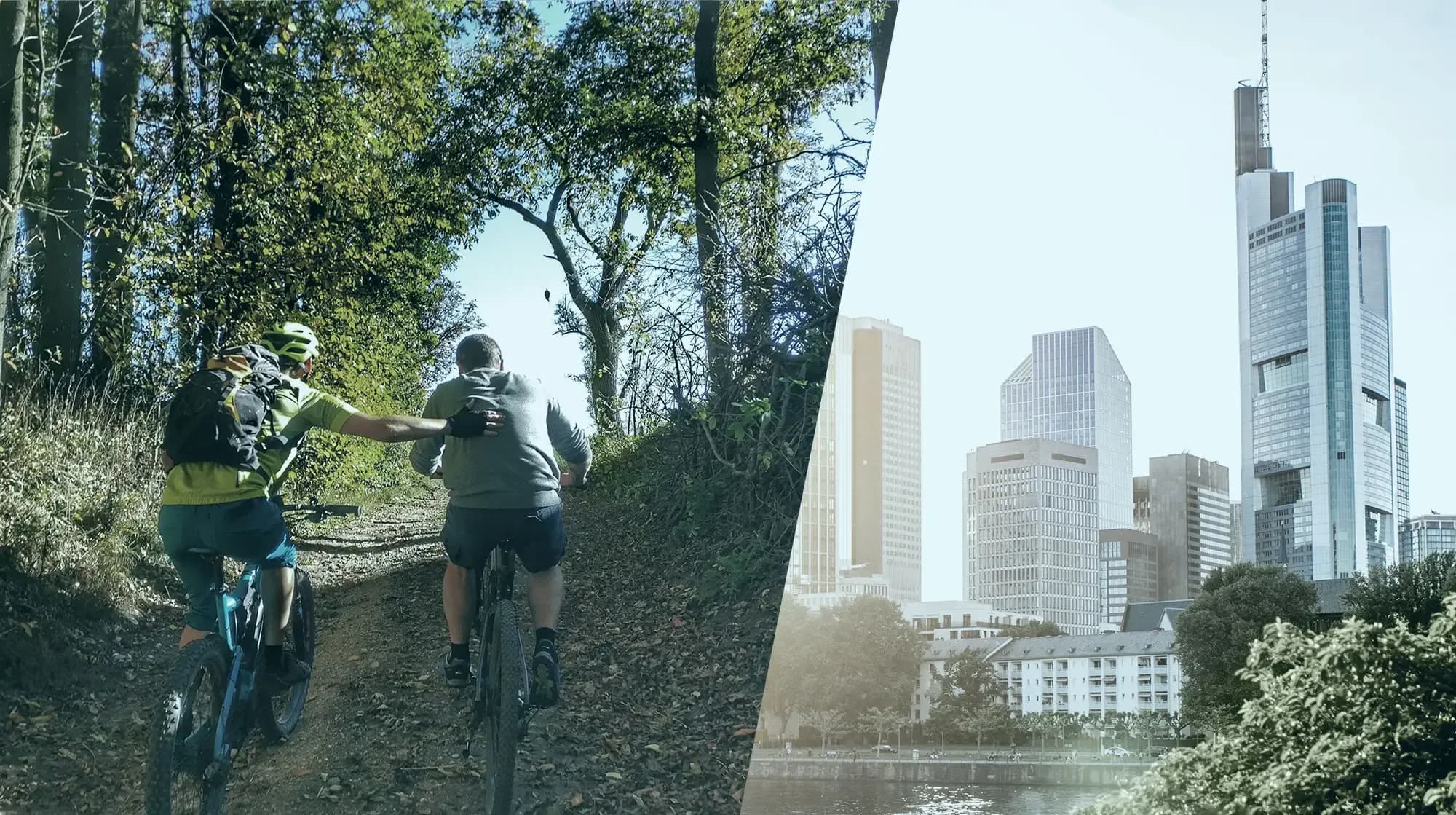 Informationen zu geförderter Weiterbildung von INCAS Training - Headerbild Zwei Radfahrer auf einem Waldweg, daneben eine Stadtlandschaft mit modernen Wolkenkratzern unter einem klaren Himmel.