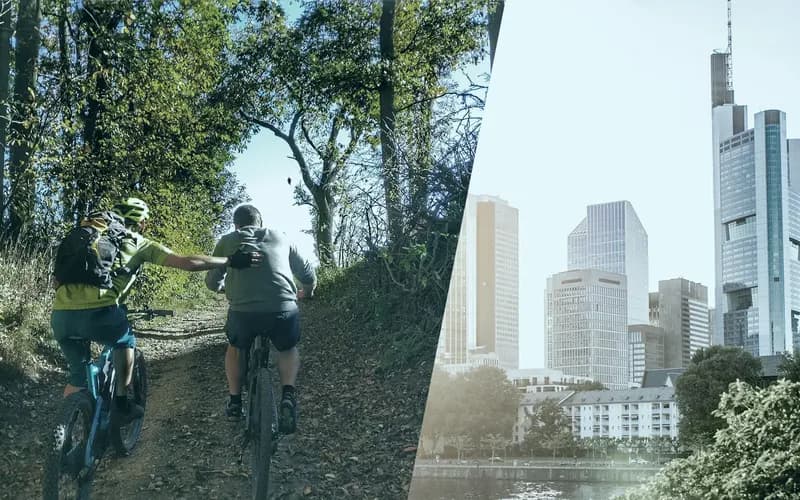Informationen zu geförderter Weiterbildung von INCAS Training - Headerbild Zwei Radfahrer auf einem Waldweg, daneben eine Stadtlandschaft mit modernen Wolkenkratzern unter einem klaren Himmel.