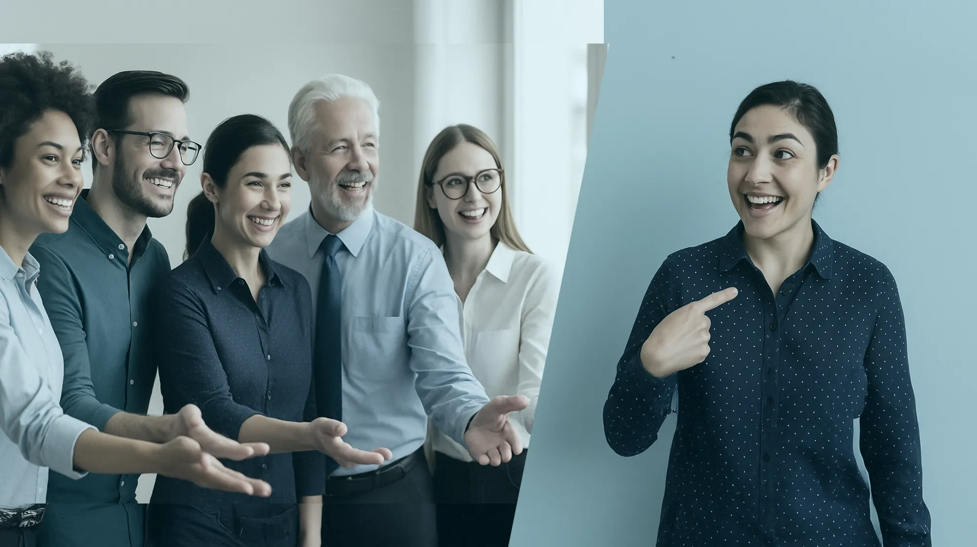 Stellenangebote von INCAS Training - Headerbild Eine Gruppe lächelnder Menschen gestikuliert in Richtung einer Frau auf der rechten Seite, die auf sich selbst zeigt, vor einem hellblauen Hintergrund.