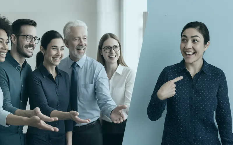 Stellenangebote von INCAS Training - Headerbild Eine Gruppe lächelnder Menschen gestikuliert in Richtung einer Frau auf der rechten Seite, die auf sich selbst zeigt, vor einem hellblauen Hintergrund.