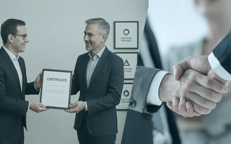 Herstellerautorisierungen der INCAS Training - Headerbild Zwei Männer in Anzügen, die eine Autorisierungsurkunde austauschen, mit gerahmten Partnerzertifizierungen an der Wand und einem Händedruck im Vordergrund.