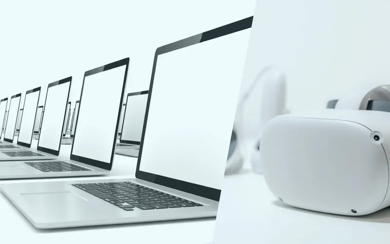 Hardwarevermietung bei der INCAS Training - Headerbild Eine Reihe offener Laptops mit leeren Bildschirmen auf der linken Seite und ein weißes Virtual-Reality-Headset auf der rechten Seite vor einem hellen Hintergrund.