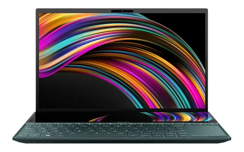 Notebook AsusZenBook Duo 14 Laptop mit lebhaftem, farbenfrohem Wirbel auf dem Bildschirm, mit schlanker Tastatur und dünnen Rändern.